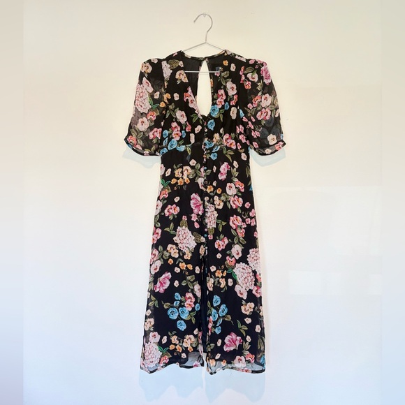 Anthropologie Dresses & Skirts - anthro sheer floral dress - black button down puff sleeve midi - 2P - EUC